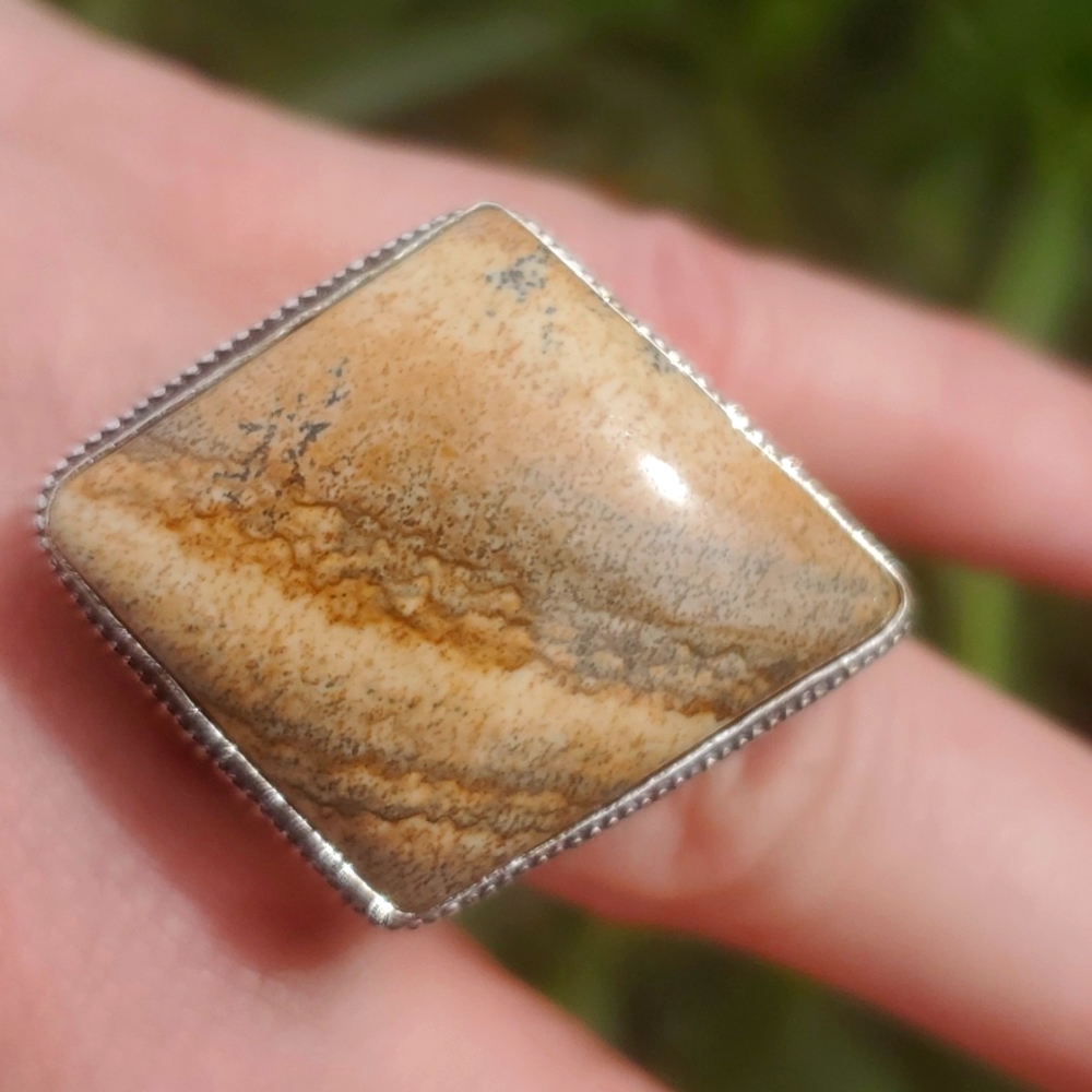 New Picture Jasper 925 Silver Statement Ring.